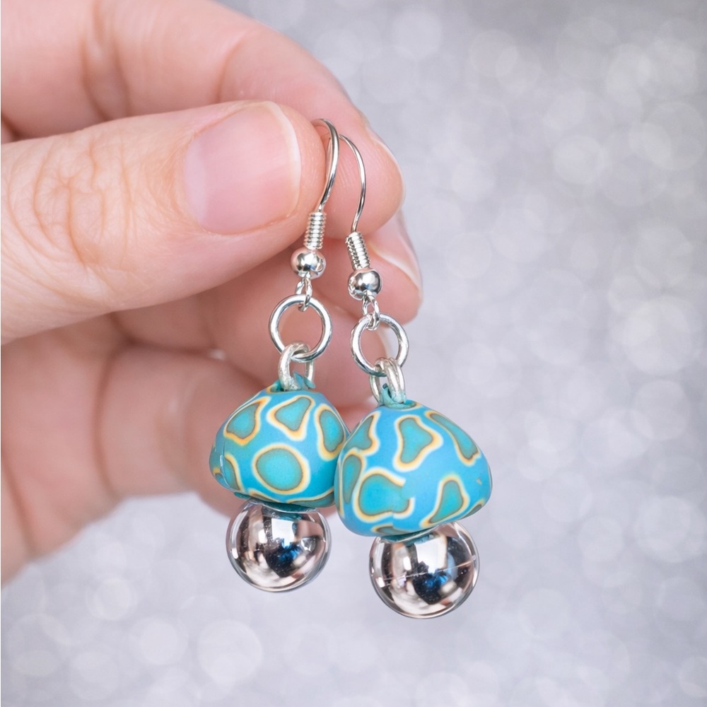 Blue Patterned Bead Drop Earrings with Silver Accent